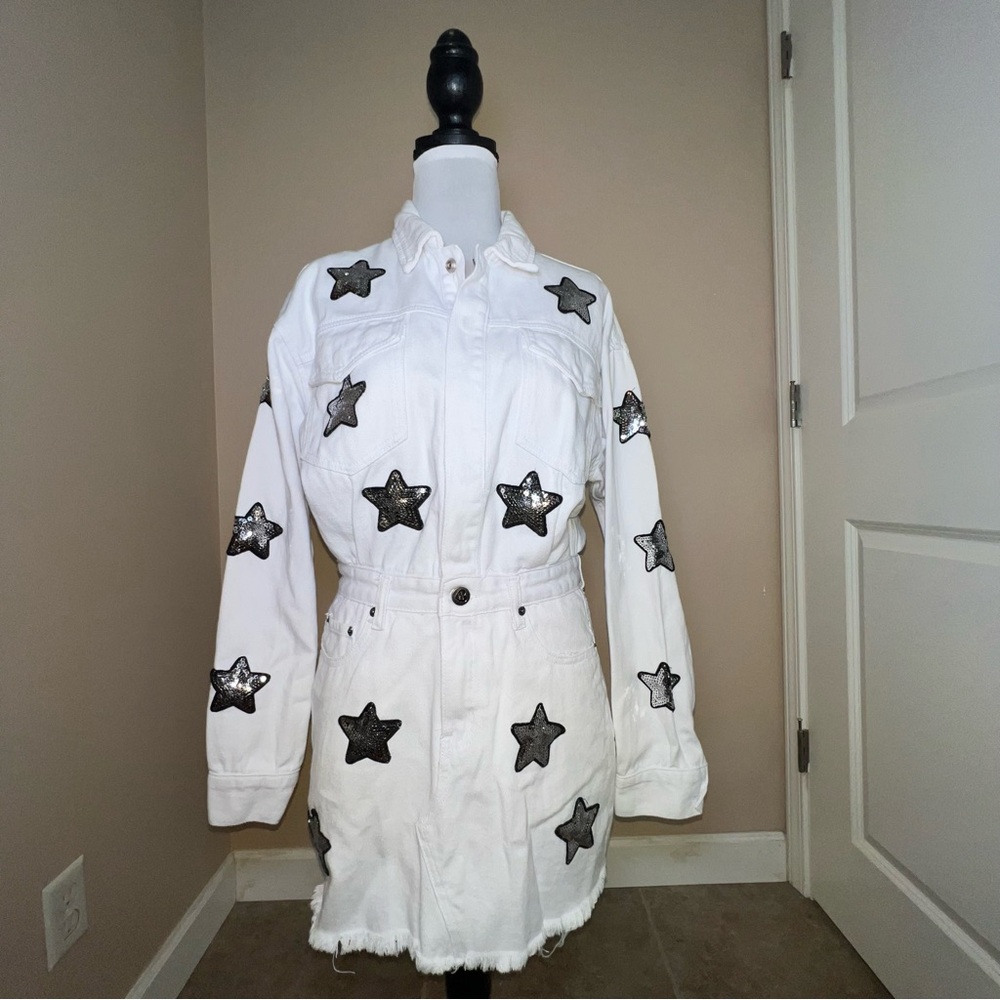 Budddy Love Raelynn Women's Cowgirl Rodeo White Denim Dress with Stars Sz Small